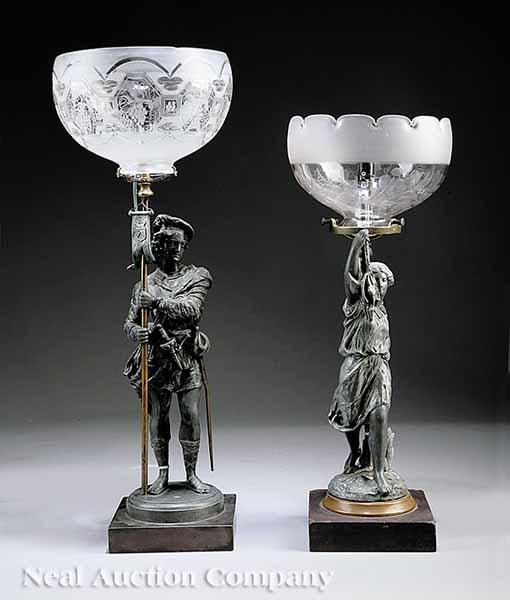 Appraisal: A Near Pair of Antique Patinated Metal Figural Table Lamps