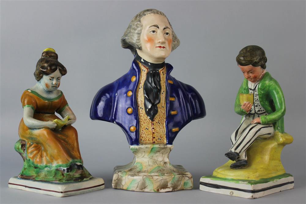 Appraisal: STAFFORDSHIRE BUST OF GEORGE WASHINGTON AND TWO PEARLWARE FIGURES OF