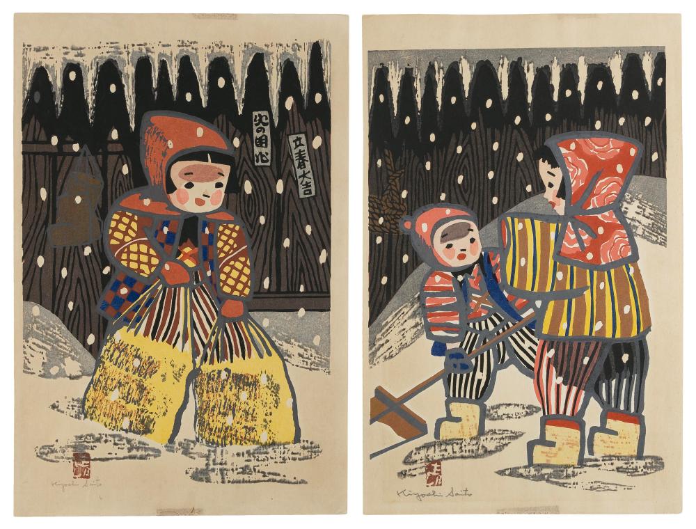 Appraisal: KIYOSHI SAITO JAPAN - TWO FIGURAL WINTER SCENES WOODBLOCK PRINTS