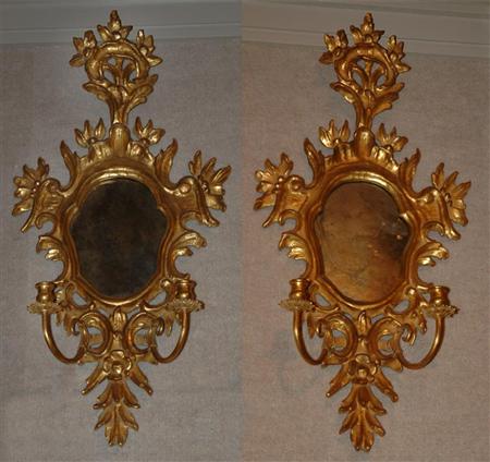 Appraisal: Pair of Italian Rococo Style Gilt-Wood Cartouche-Form Two-Light Sconces Estimate