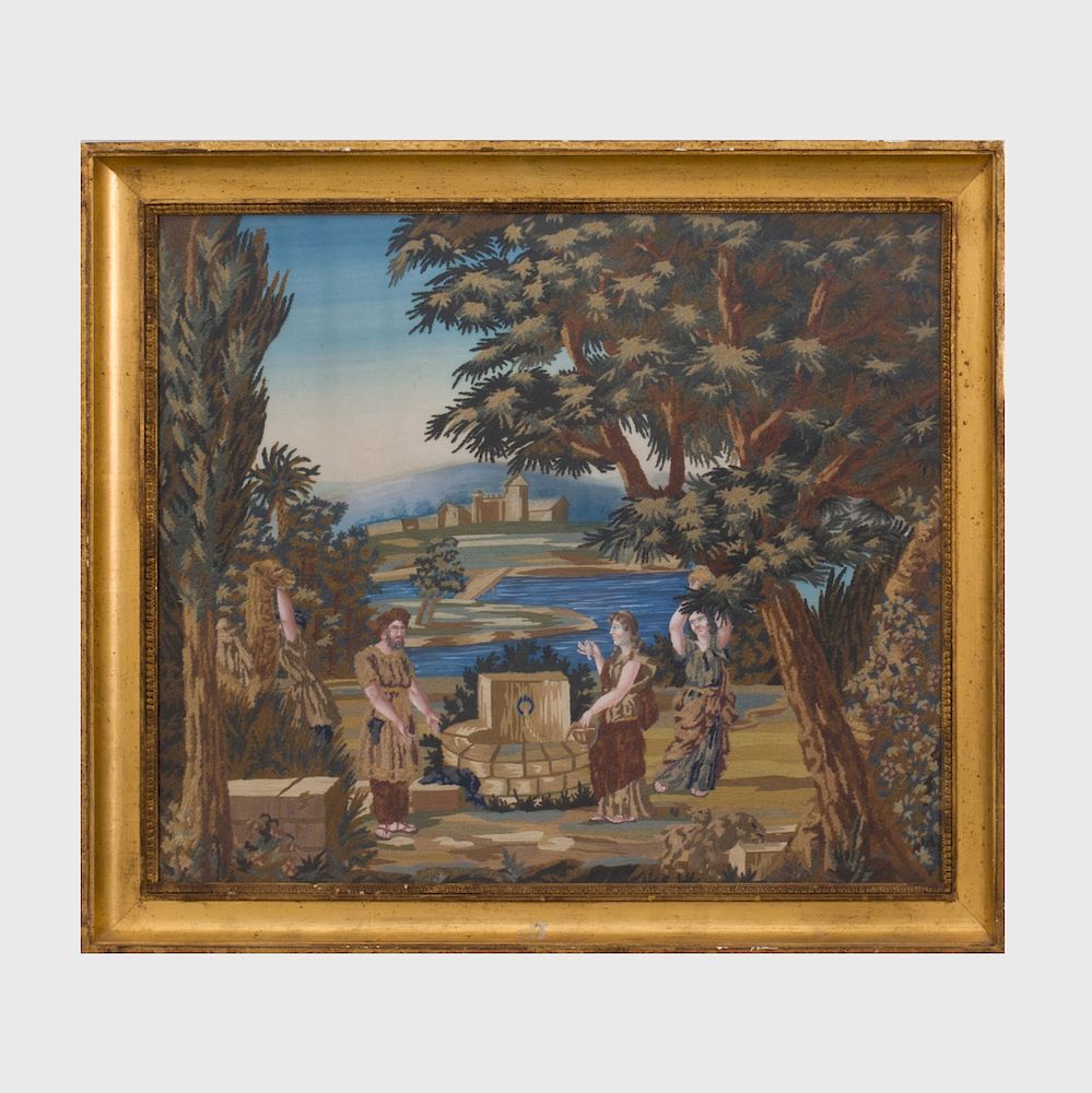 Appraisal: Pair of Continental Needlework and Watercolor Pictures Showing biblical scenes