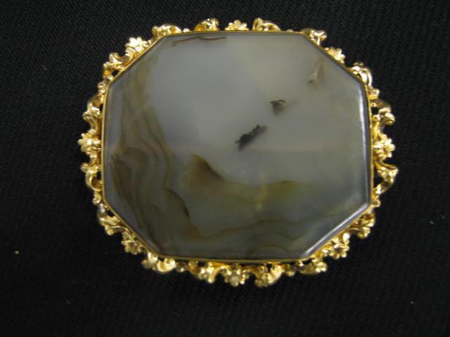 Appraisal: Victorian Moss Agate Brooch scenic elaborate frame test k gold