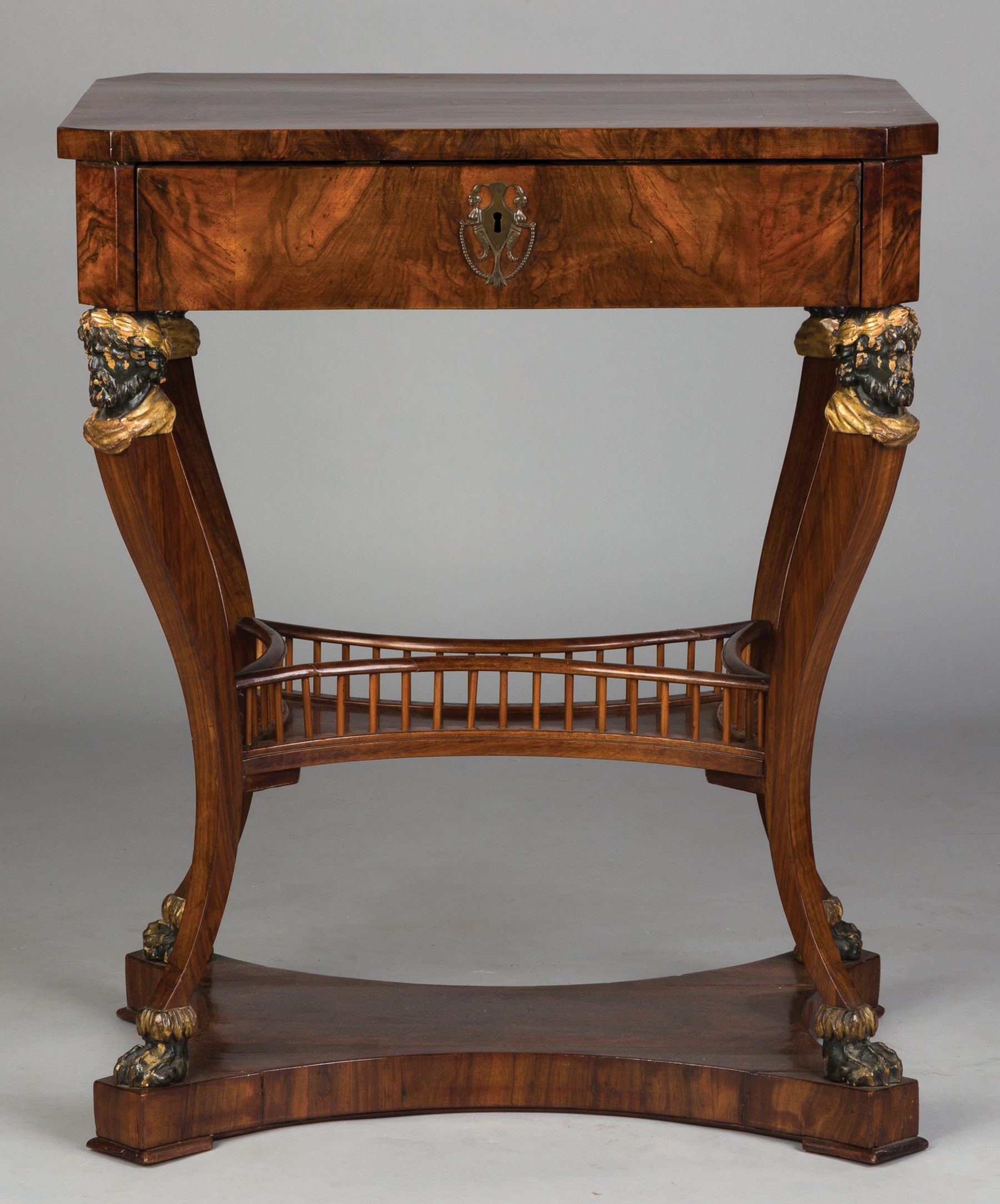 Appraisal: Classical Circassian Walnut Sewing Stand Early th century Gilded and