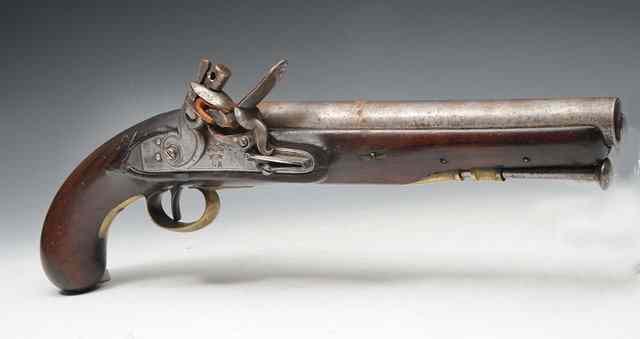 Appraisal: A GEORGE III FLINTLOCK SERVICE PISTOL with walnut stock and