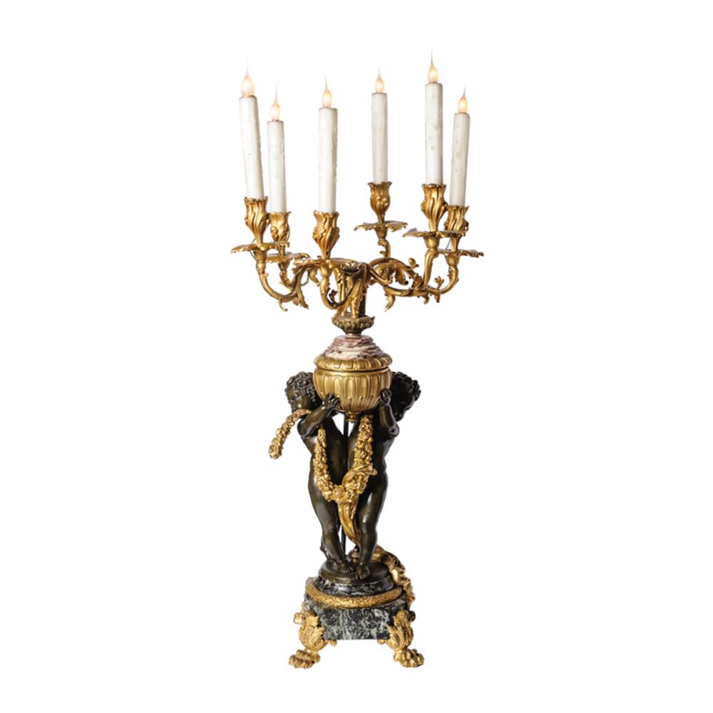 Appraisal: LOUIS XV GILT AND PATINATED BRONZE FIGURAL SIX LIGHT CANDELABRUM