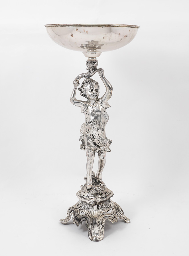 Appraisal: LARGE FIGURAL SILVERPLATE COMPOTE Silvered toned metal figure of a