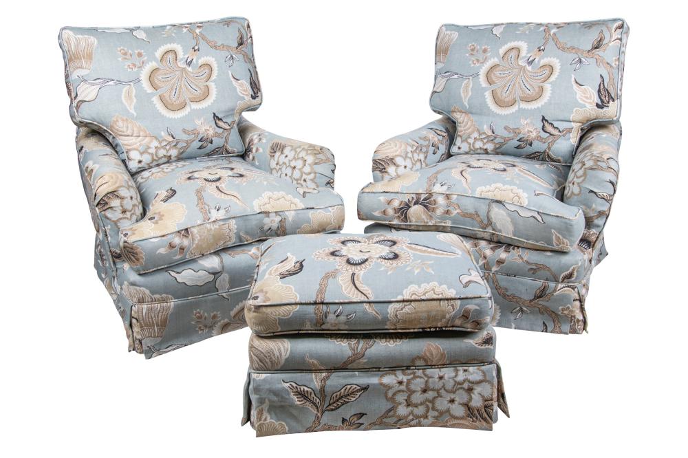 Appraisal: PAIR OF PRINT UPHOLSTERED CLUB CHAIRS WITH OTTOMANwith down stuffed