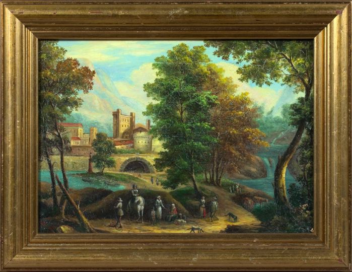 Appraisal: British School th Century Travellers in a Castle Landscape oil