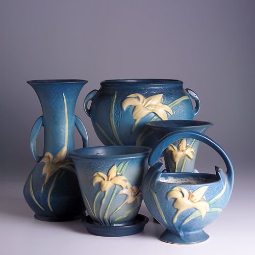 Appraisal: Five ROSEVILLE blue Zephyr Lily pieces to include a planter