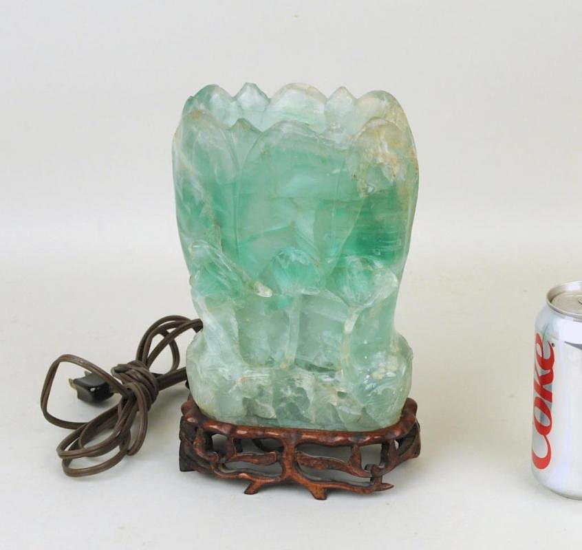 Appraisal: Carved Green Quartz Lotus Form Vase As Lamp Carved green