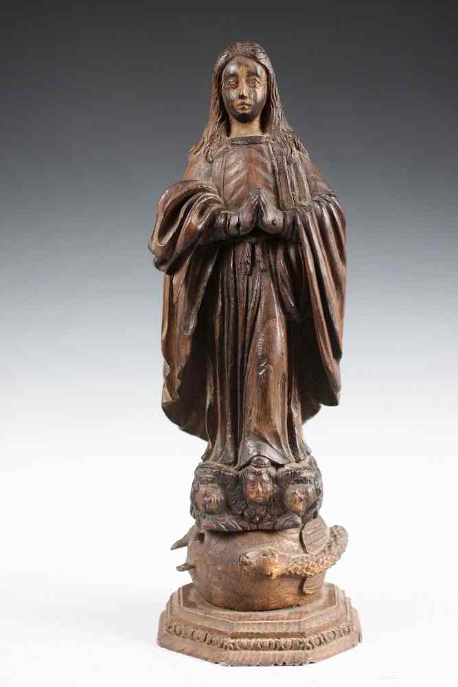 Appraisal: EARLY WOODEN MADONNA - th c or earlier Carved Walnut