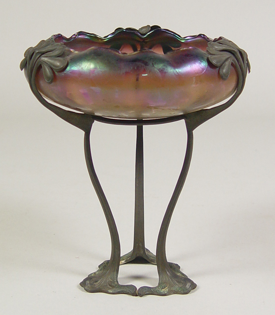 Appraisal: Austrian Art-Nouveau Oil Spot Art-Glass Compote in Metal Mount Iridescent