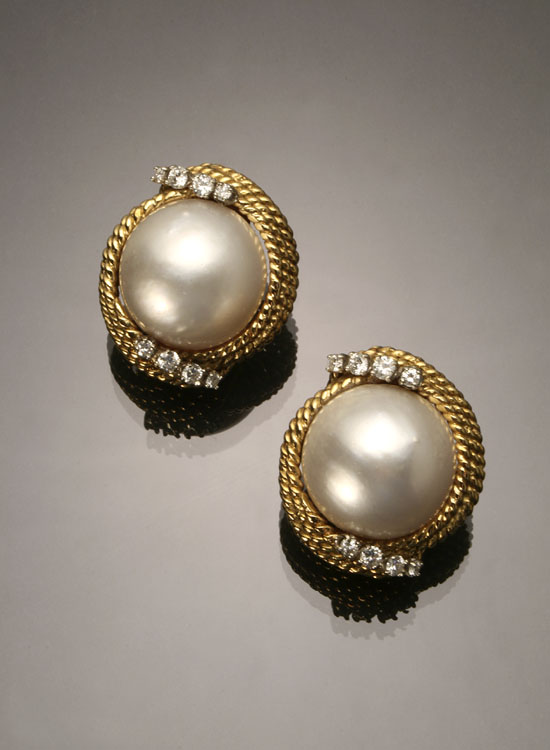 Appraisal: Pair of -Karat Yellow-Gold Mab Pearl and Diamond Ear Clips