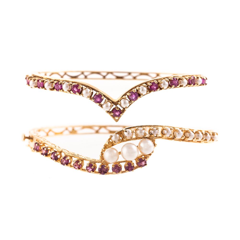 Appraisal: A Collection of Pearl Ruby Bangles in K K yellow