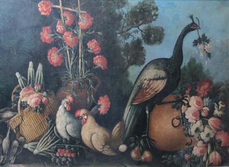 Appraisal: Italian School th Century Peacock Roosters Other Birds and Flowers