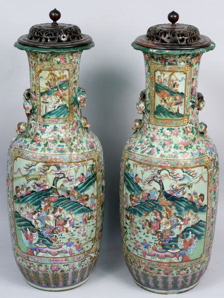 Appraisal: Pair of th Century Chinese temple vases with teak wood