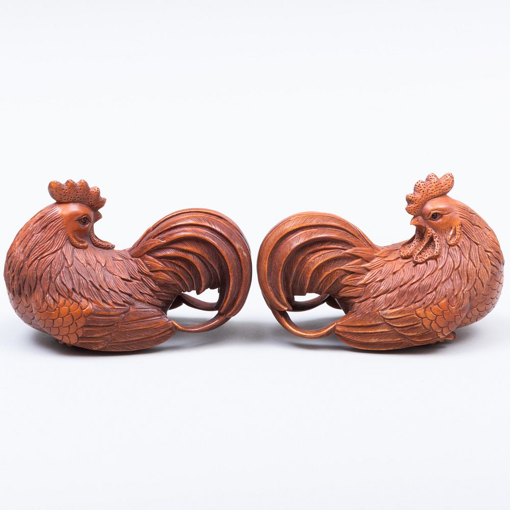 Appraisal: Chinese Carved Boxwood Models of Roosters x x in Master