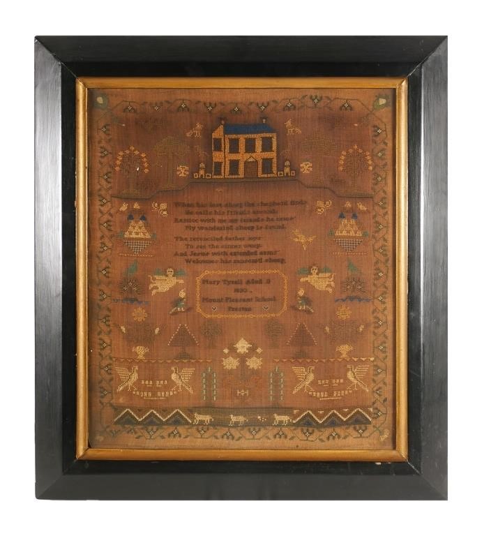 Appraisal: Needlework sampler wrought by Mary Tyrell aged American dated Images