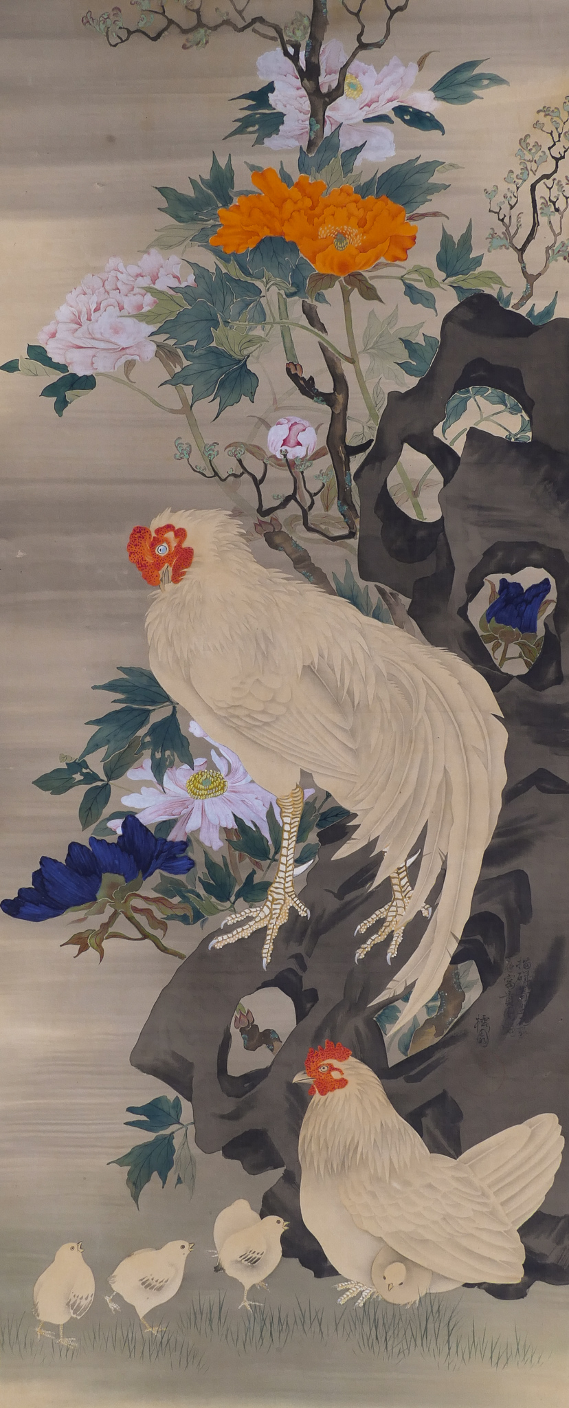 Appraisal: Japanese Meiji Roosters Scroll Painting ''x '' Image A colorful