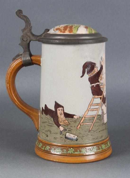 Appraisal: Hauber Reuther pewter-mounted salt glazed stoneware stein of half liter