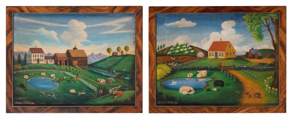 Appraisal: DONNA LACEY-DERSTINE PENNSYLVANIA CONTEMPORARY PAIR OF PRIMITIVE-STYLE FARM LANDSCAPES ACRYLICS