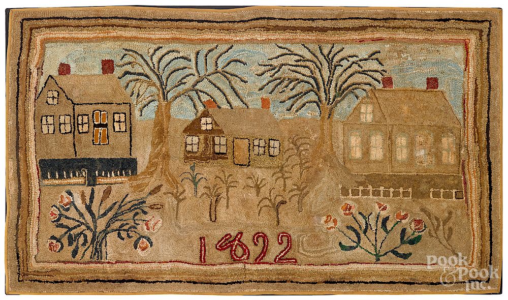 Appraisal: Large American hooked rug with houses Exclusive on Bidsquare Large