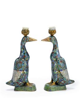 Appraisal: Chinese gilt-metal cloisonne and jadeite mounted duck form candlesticks early