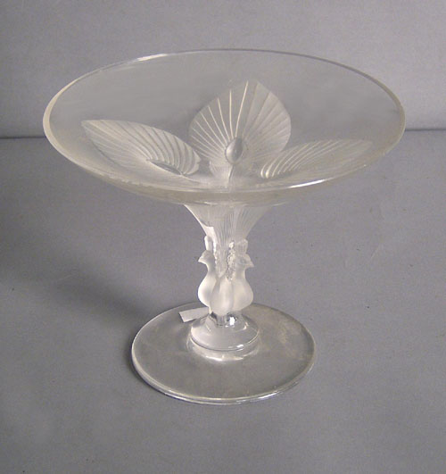 Appraisal: Lalique clear and frosted glass tazza with peacock stem signed