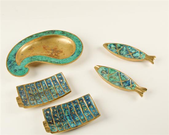 Appraisal: Five Pieces Handmade Mexican Brass and Enamel Accessories signed Mendoza