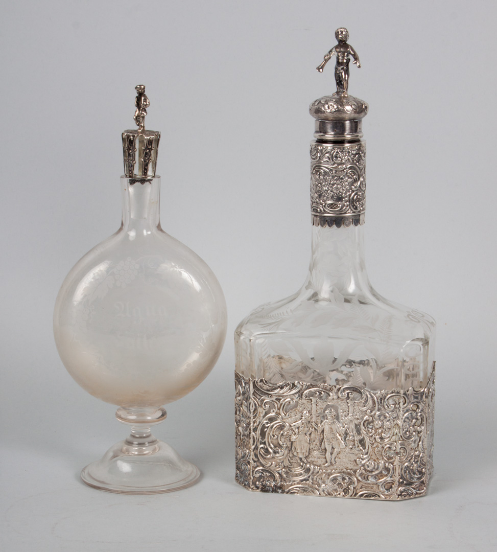 Appraisal: German silver-mounted etched glass decanter Hanau in H together with