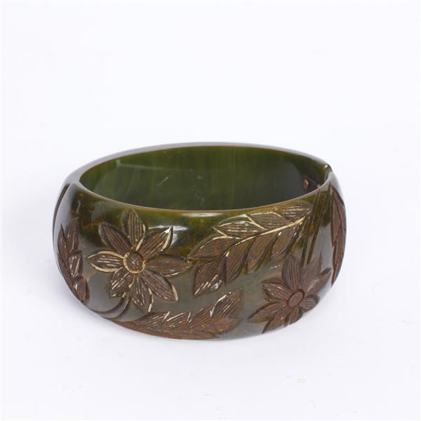 Appraisal: Wide carved Floral Bakelite bangle Bracelet W