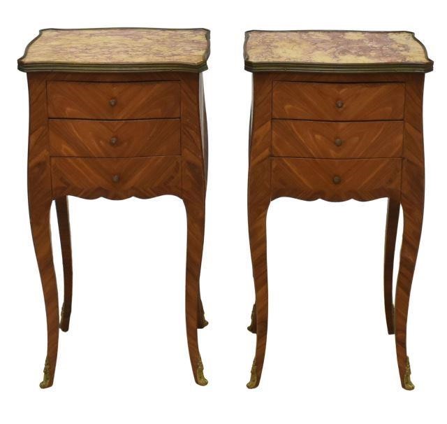 Appraisal: pair French Louis XV style marble-top mahogany nightstands early th