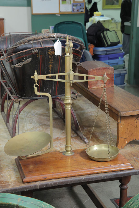 Appraisal: BRASS BALANCE SCALES BY BARTLETT SON Having a mahogany wood