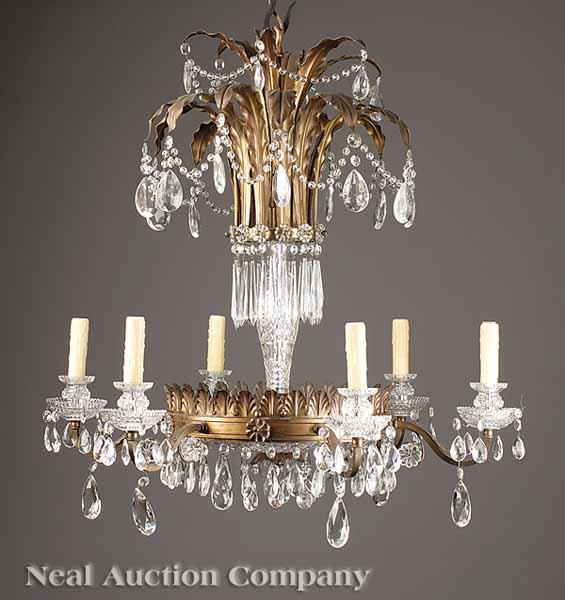 Appraisal: An Antique American Bronze and Cut Crystal Six-Light Chandelier leaf-form