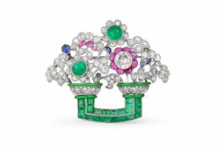 Appraisal: An Art Deco Platinum Diamond and Multi Gem Flower Bouquet