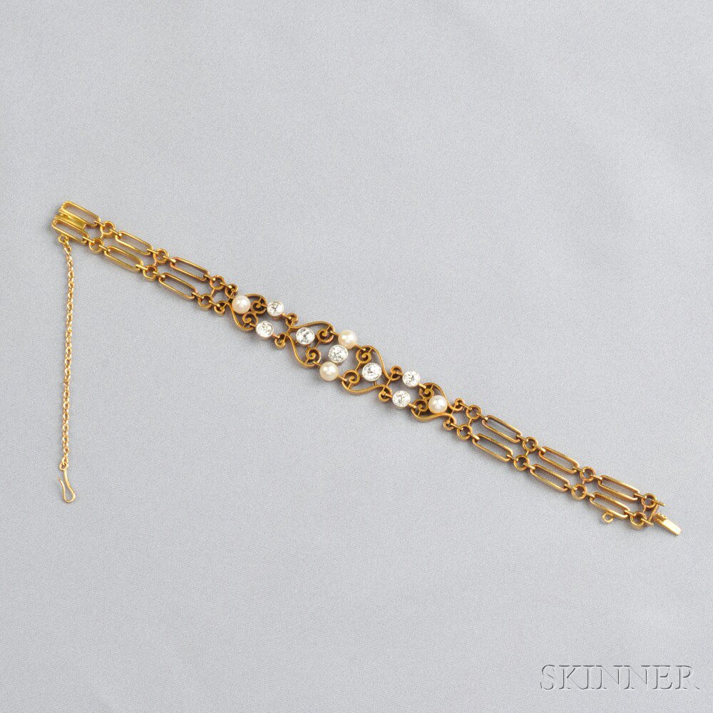 Appraisal: Edwardian kt Gold Pearl and Diamond Bracelet set with old