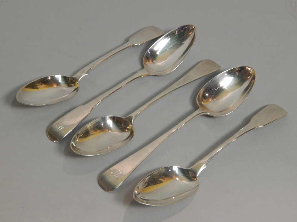 Appraisal: Five various thC silver tablespoons three Fiddle pattern two Old