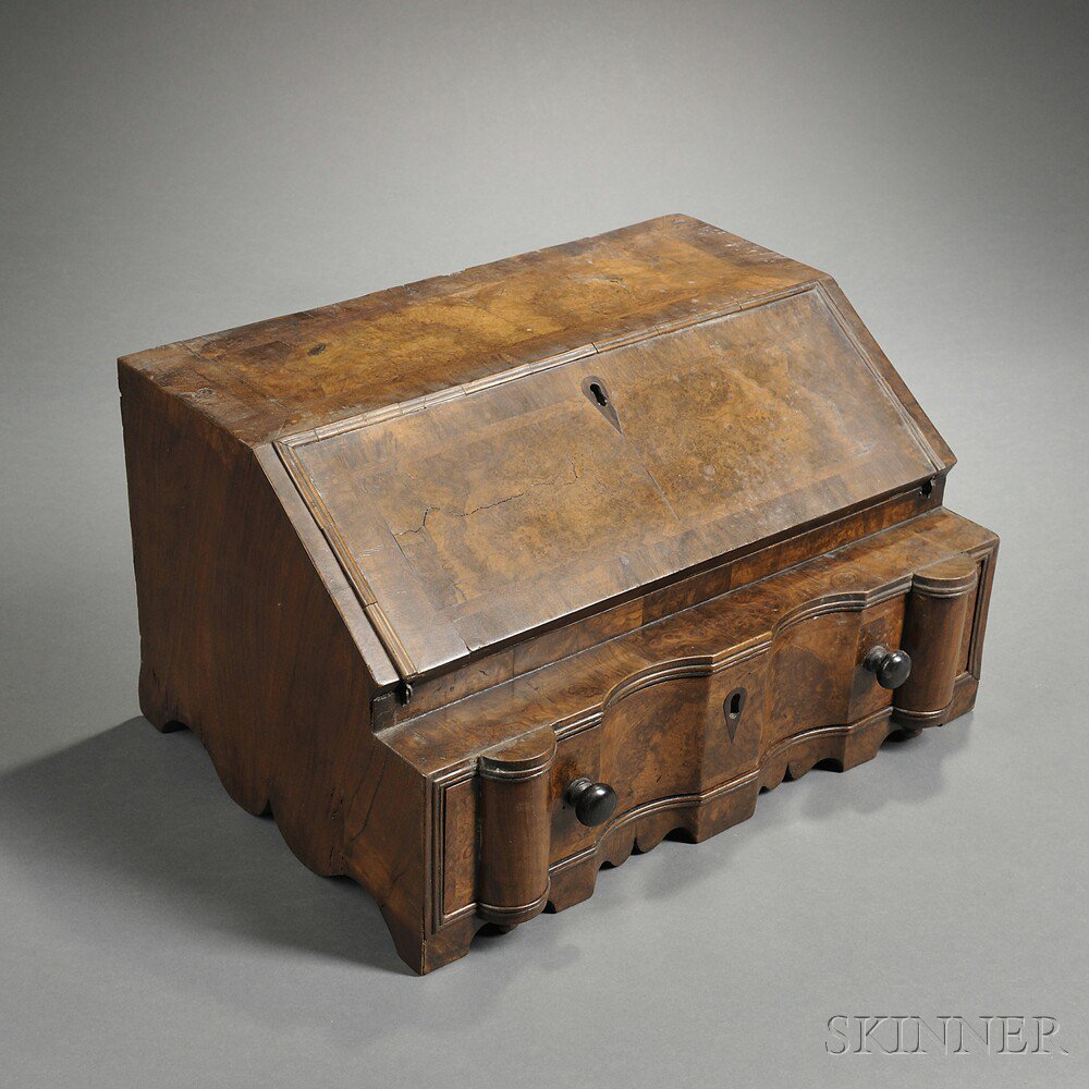 Appraisal: German Burl Walnut-veneered Travel Desk mid- th century with fall-front