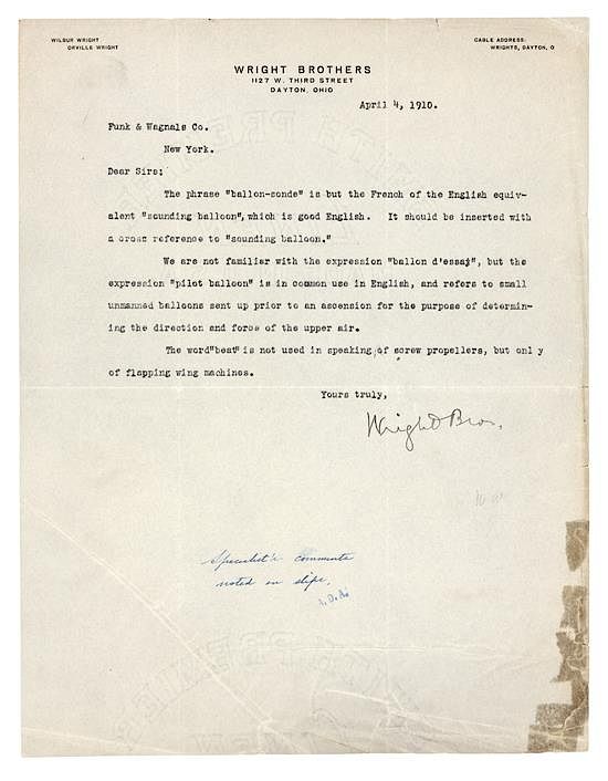 Appraisal: WRIGHT BROTHERS WRIGHT Wilbur Typed letter signed Wright Bros to