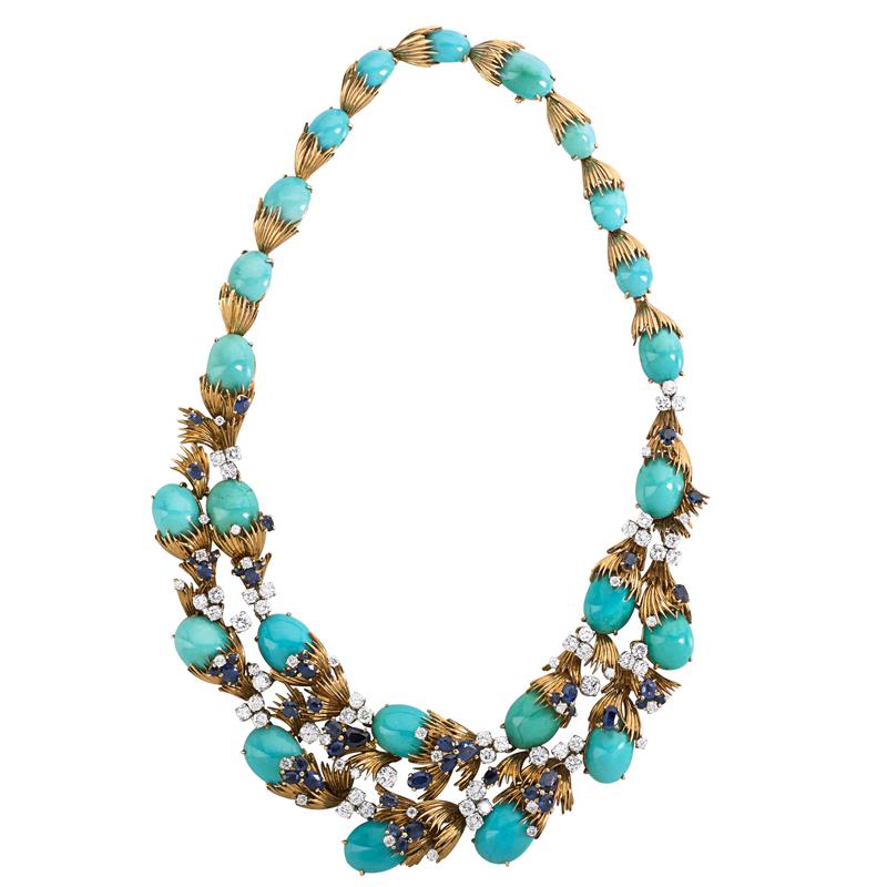 Appraisal: DAVID WEBB TURQUOISE DIAMOND SAPPHIRE BIB A large garland k