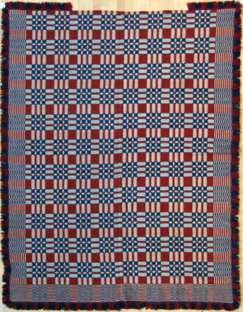 Appraisal: Red white and blue overshot geometric coverlet th c x