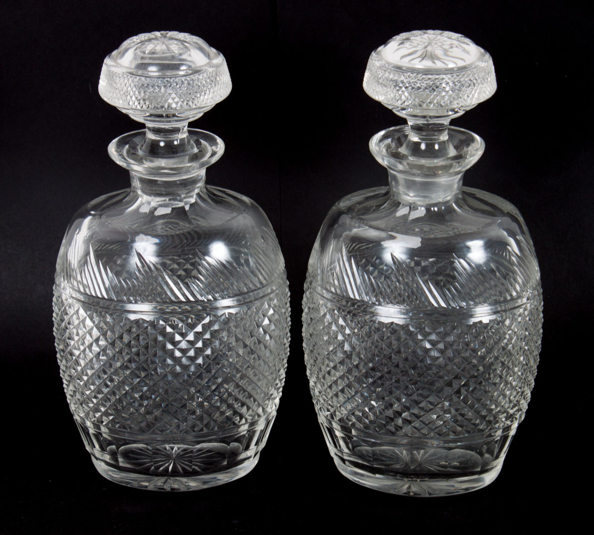 Appraisal: Pair of Anglo-Irish cut glass decanters in H Condition Scratching