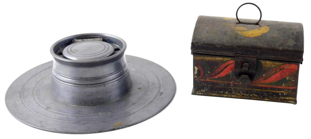 Appraisal: Metalware two pieces including pewter hinged inkwell with damaged ceramic