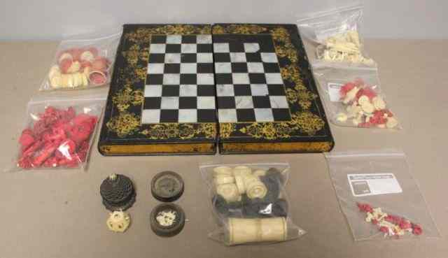 Appraisal: Papier Machier Book Form Game Box with IvoryPieces From a