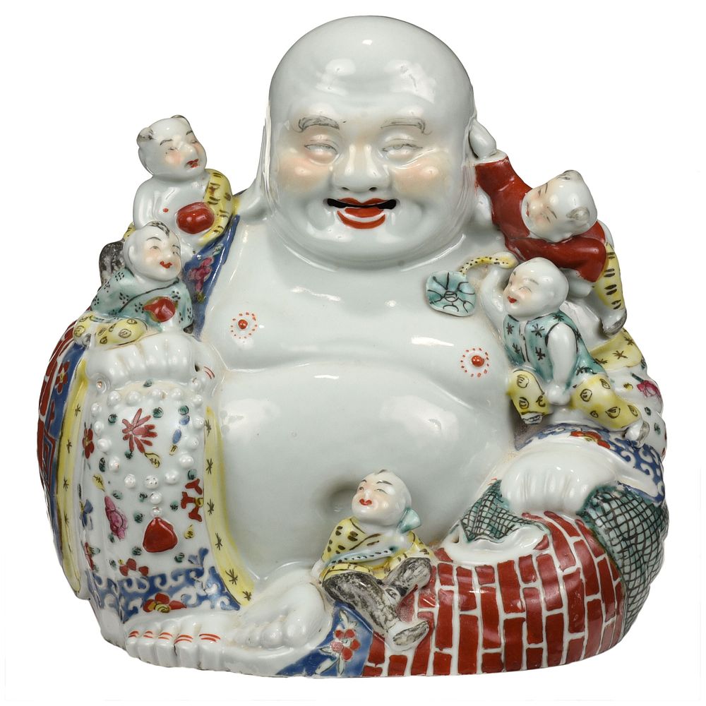 Appraisal: Chinese Porcelain Buddha Figural Group Qing dynasty indecipherable mark impressed