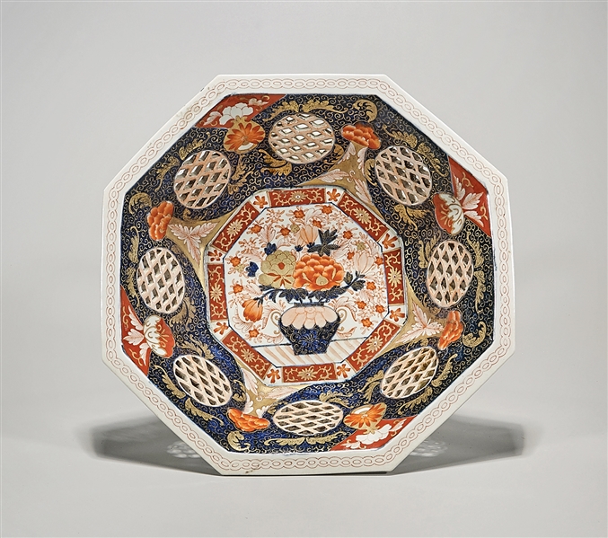 Appraisal: Japanese-style octagonal porcelain bowl with open work design D approx