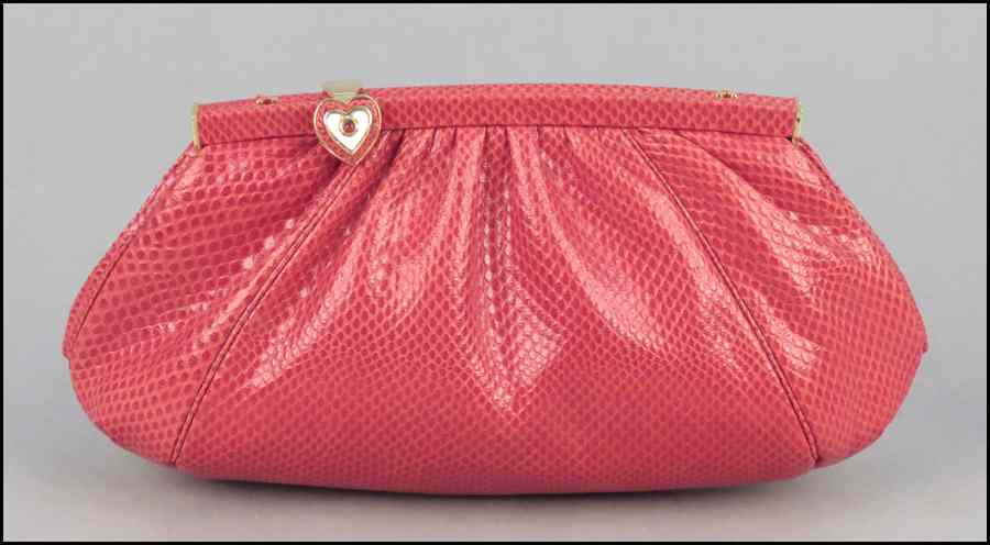 Appraisal: JUDITH LEIBER RED REPTILE SKIN CLUTCH HANDBAG With a heart