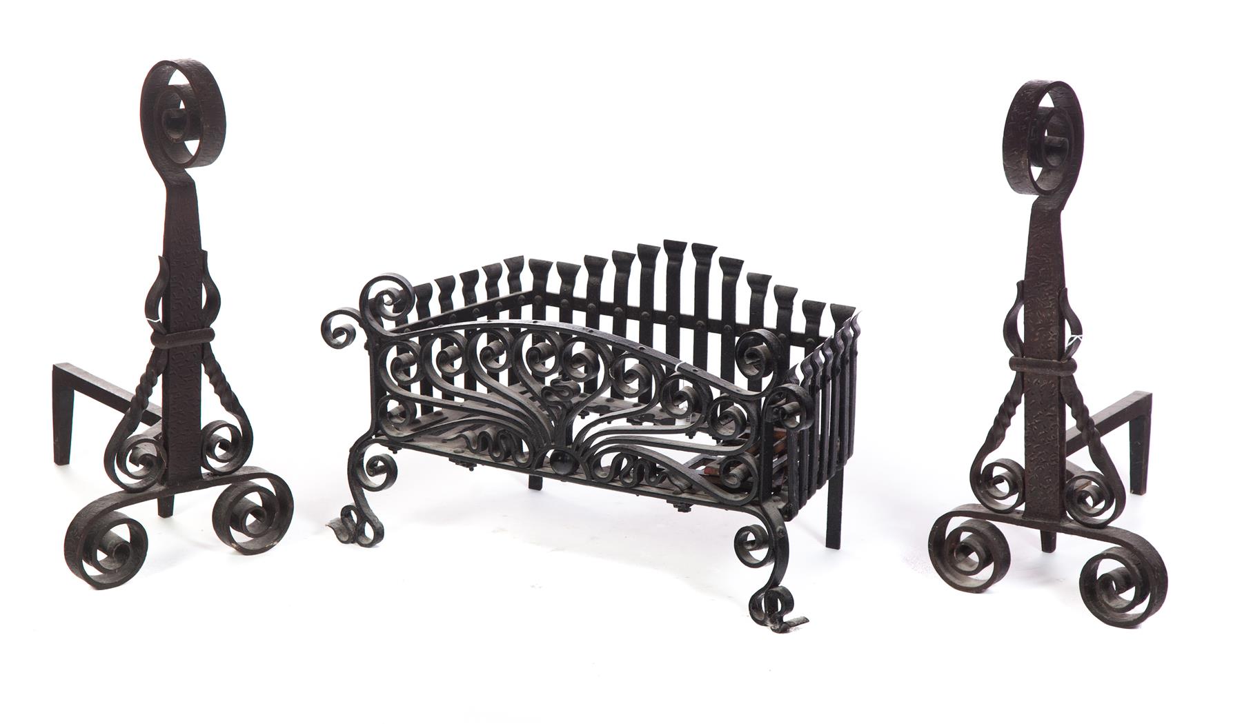 Appraisal: THREE-PIECE FIREPLACE SET American th century wrought iron Pair of