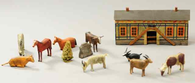 Appraisal: HAND PAINTED BARN WITH ANIMALS Small painted barn building with