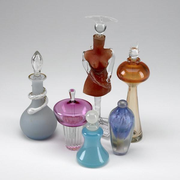 Appraisal: PERFUME BOTTLES Group of six includes blue jade glass frosted